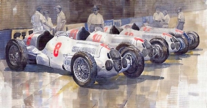 Equipo Mercedes-Benz en el GP de Mónaco de 1937 con los W125